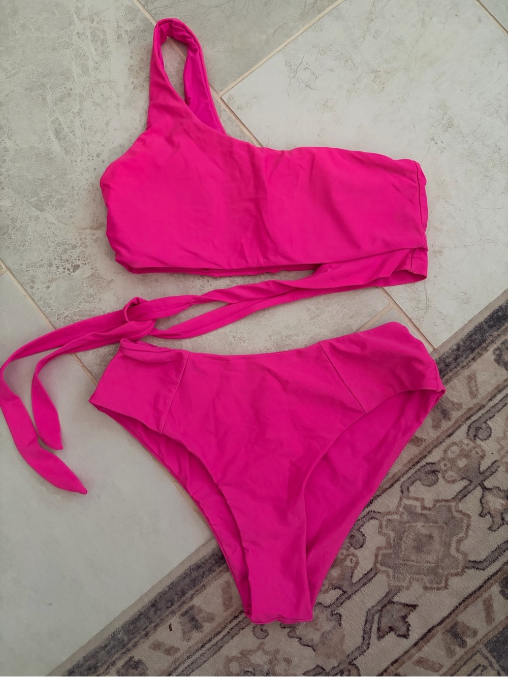 Women’s One-Shoulder High-Waist Bikini Set - Hot Pink